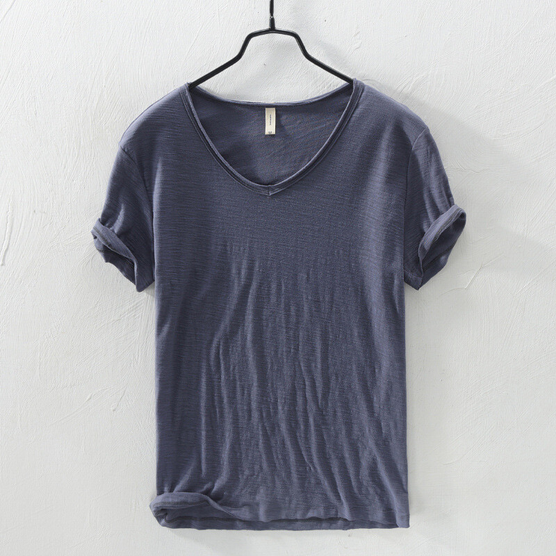 Men Pure Color Cotton Short Sleeve T-shirts V-neck Sports Casual Tops Summer gallery