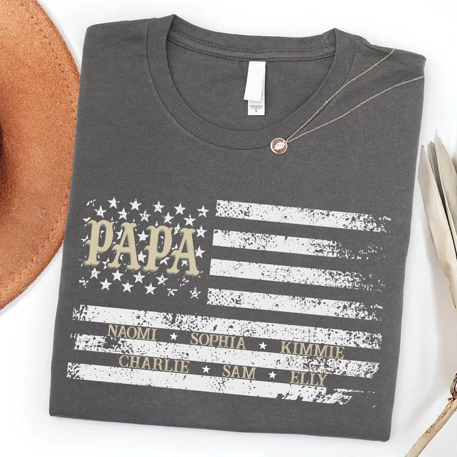 Personalized Papa Shirt Kids Names Patriotic American Flag Fathers Gift Tee gallery