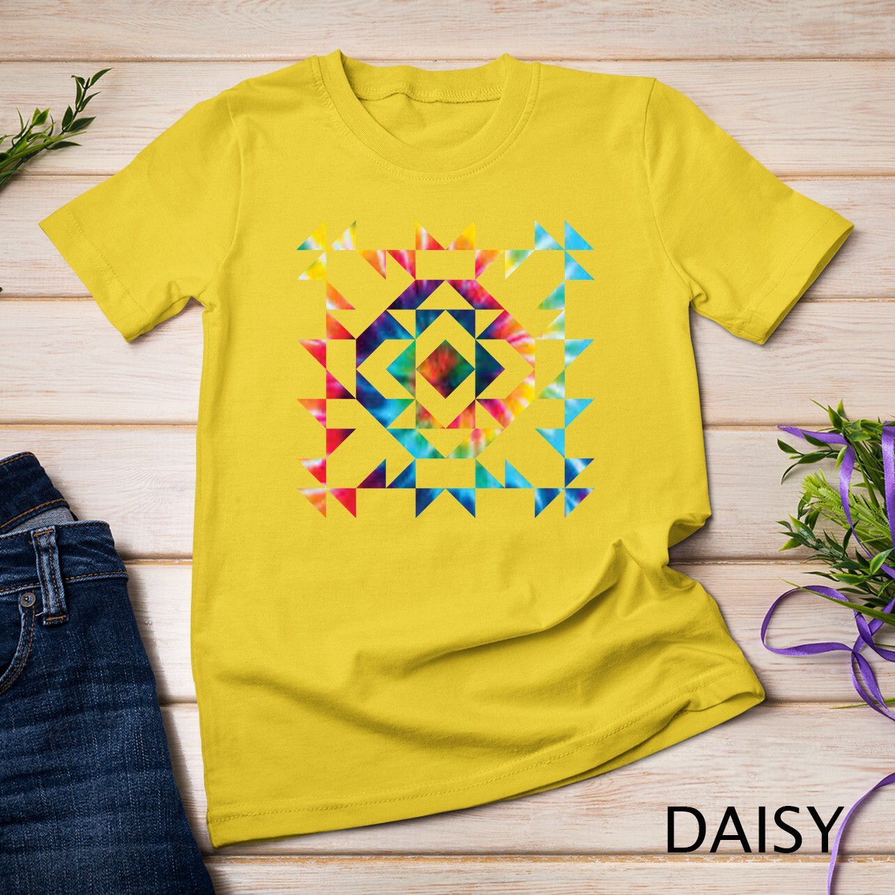Tie Dye Geometric Shapes Pattern Quilt Block Art - Scandi Folk Unisex T-shirt gallery