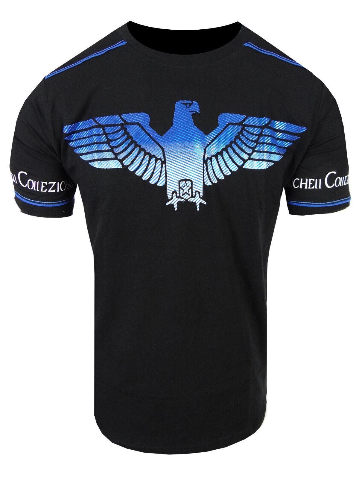 Mens T-Shirt Black Designer Italian Shiny Blue Eagle Bucheli Slim Fit Crew Neck