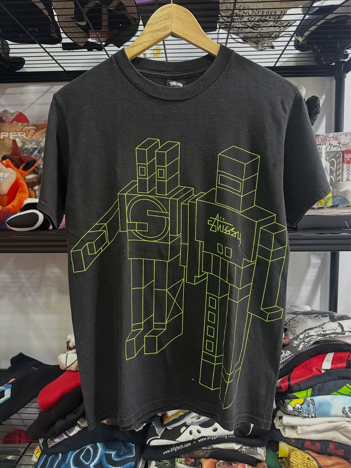 Stussy x Delta Giant Robot T-Shirt Black Neon Green Size S Graphic Tee gallery