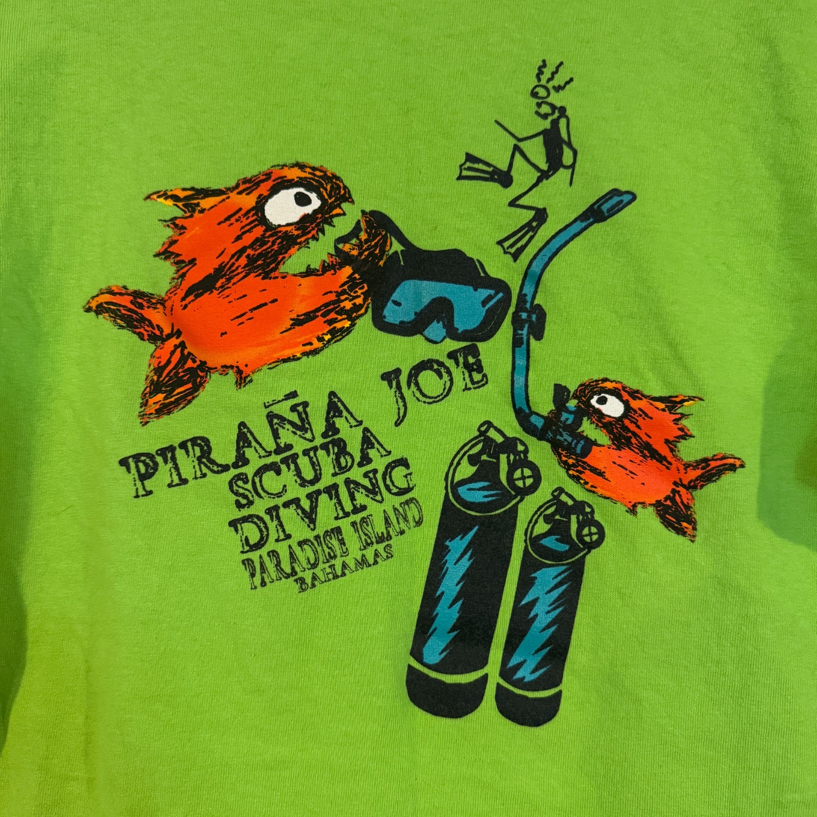 Pirana Joe Shirt Mens Large Lime Green Scuba Diving Paradise Island Bahamas Tee gallery