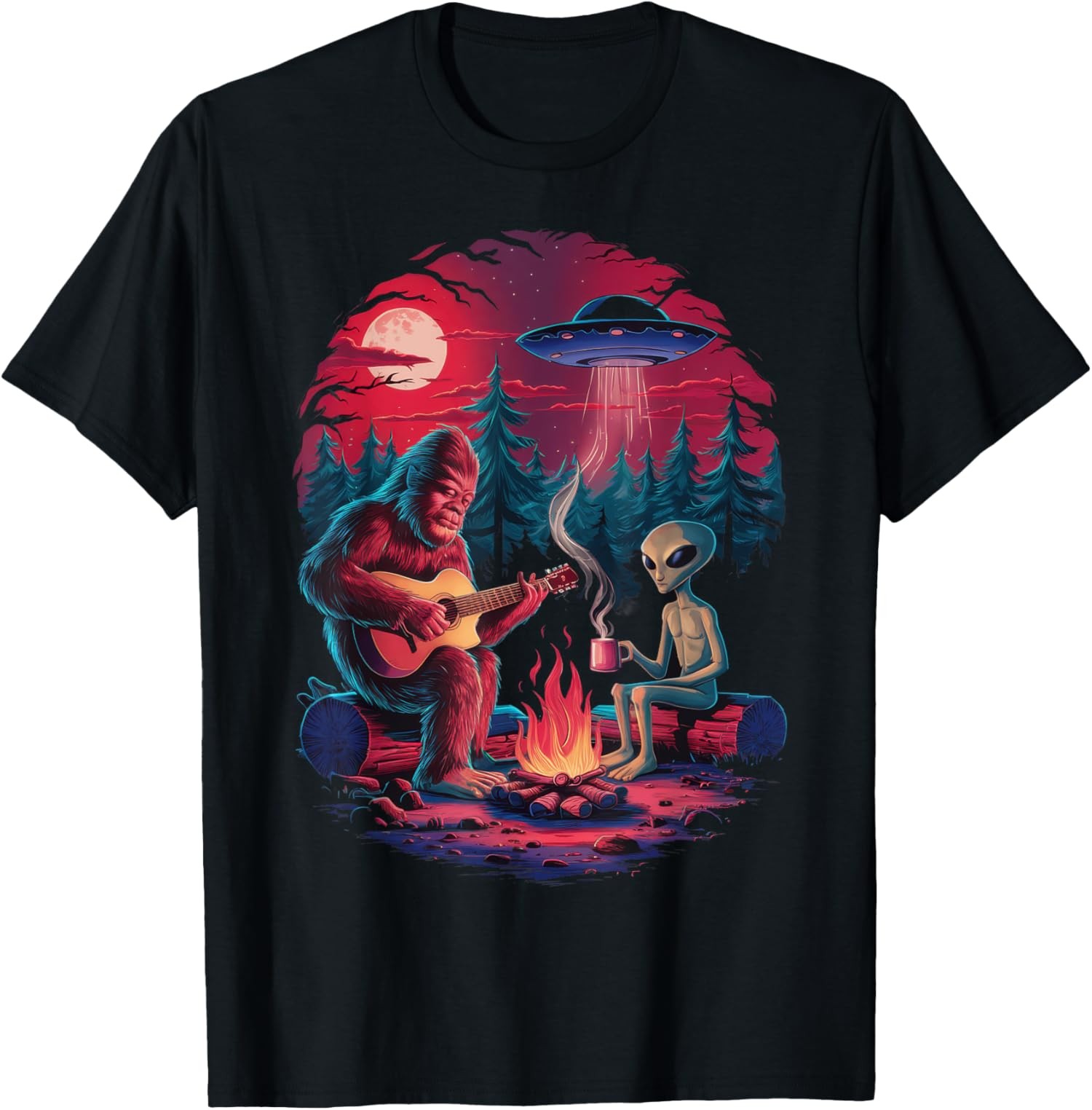 Alien and Bigfoot Campfire UFO Adventure Funny Hiking Unisex T-Shirt gallery
