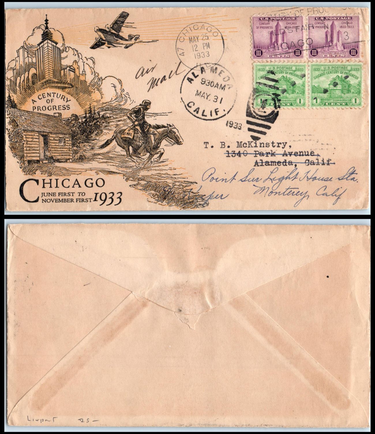1933 Century of Progress 1c & 3c  Sc 728-5 729-5 with Linprint cachet (K7