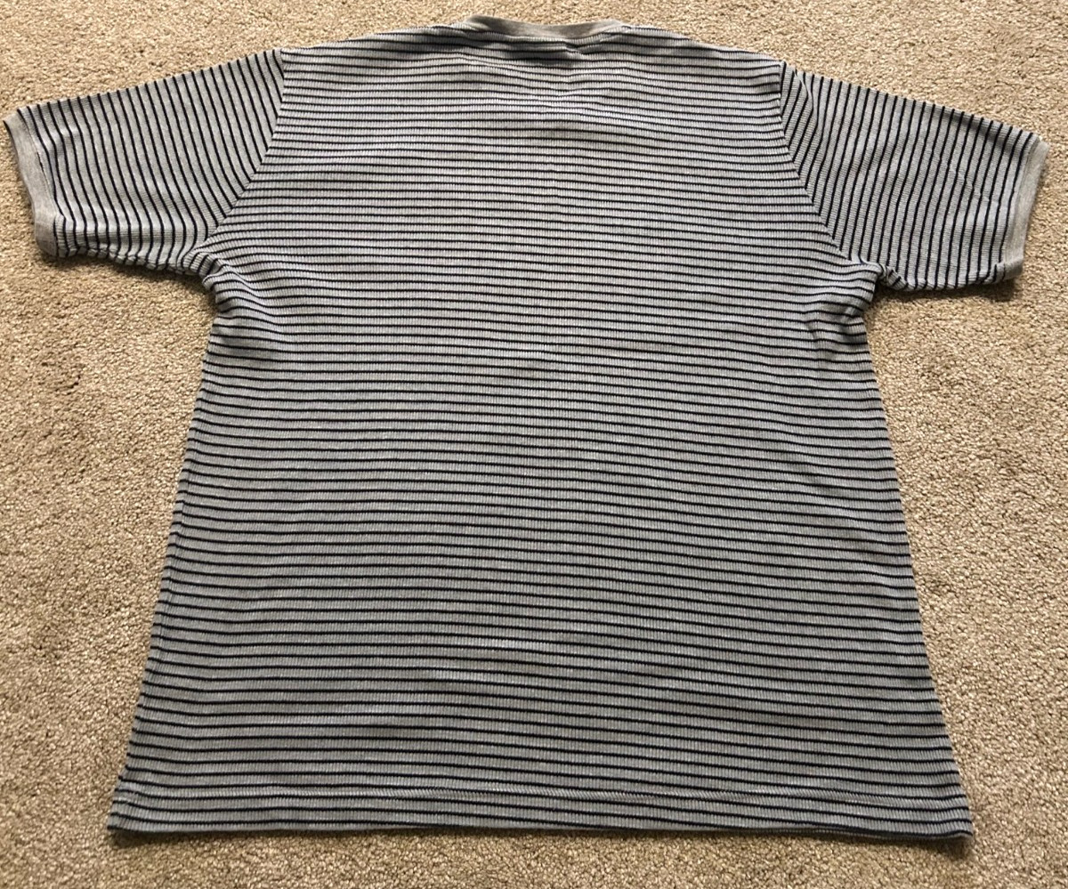 Vintage Utility Wear Knit V Neck Mens Blue and Gray Striped Ribbed Shirt Sz L gallery