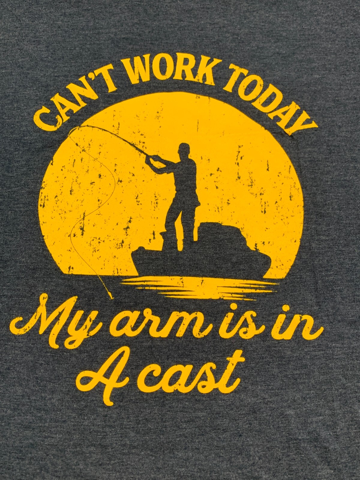 Crazy Dog Fishing T-shirt Men L Gray Blue Can't Work Today, My Arm is in a Cast gallery