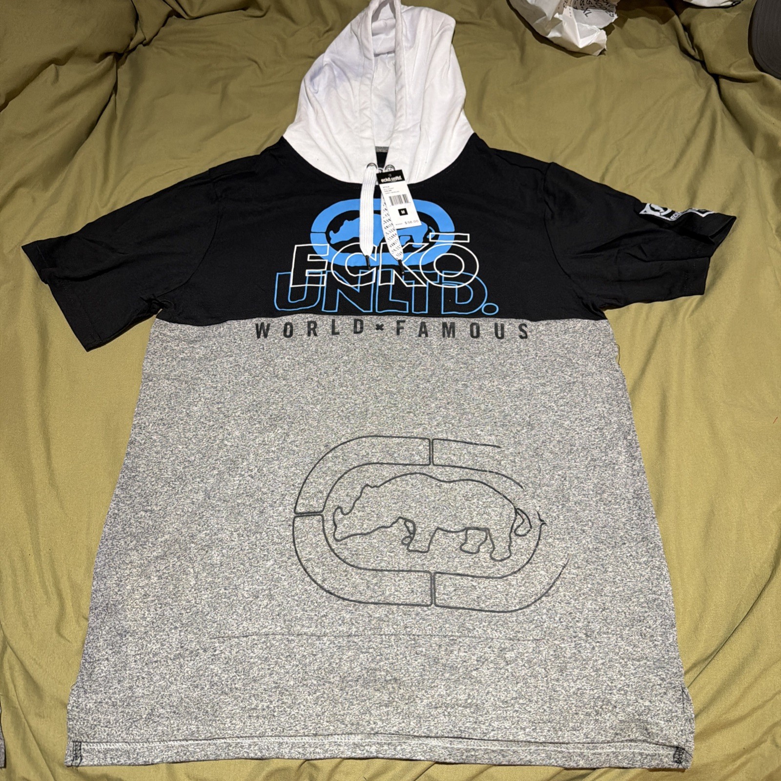 Ecko Unltd Shirt Mens small Grey Hooded Short Sleeve Kangaroo Pocket NWT