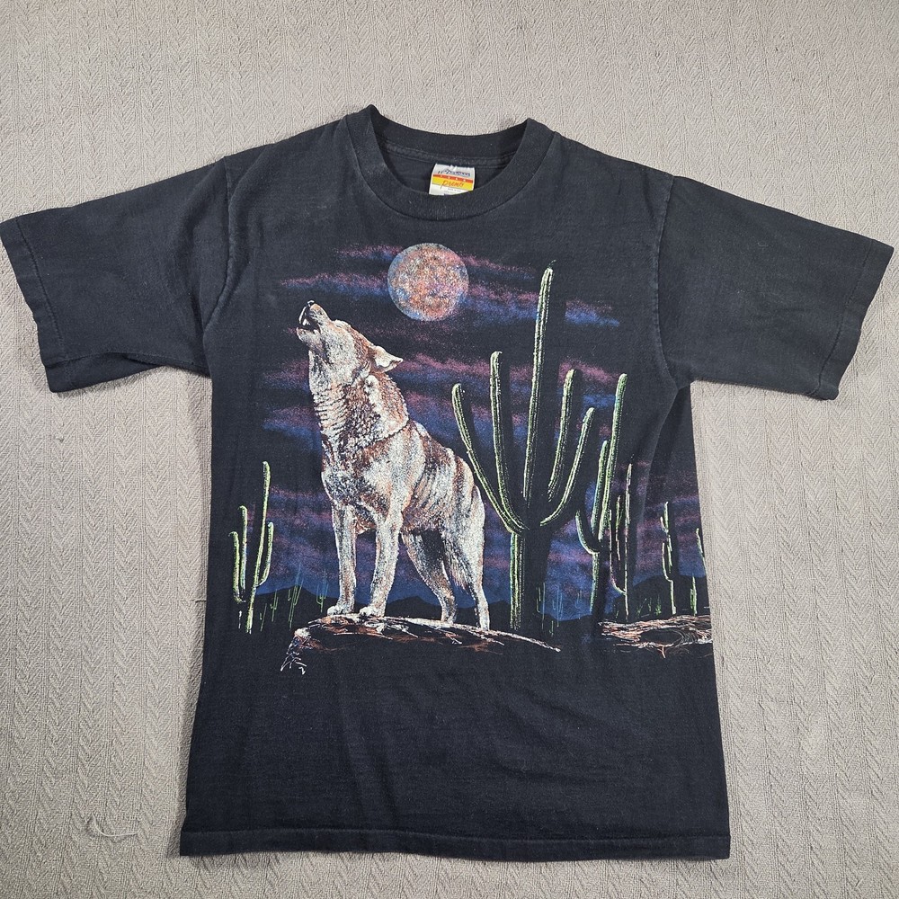 Vtg Howling Wolf T-Shirt Wrap Around Graphic Hazelwood Single Stitch USA 90s Med