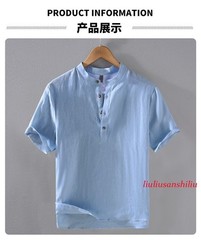 Retro Style Short Sleeve Pullover Mens Stand Collar 100% Linen Shirt Half Button