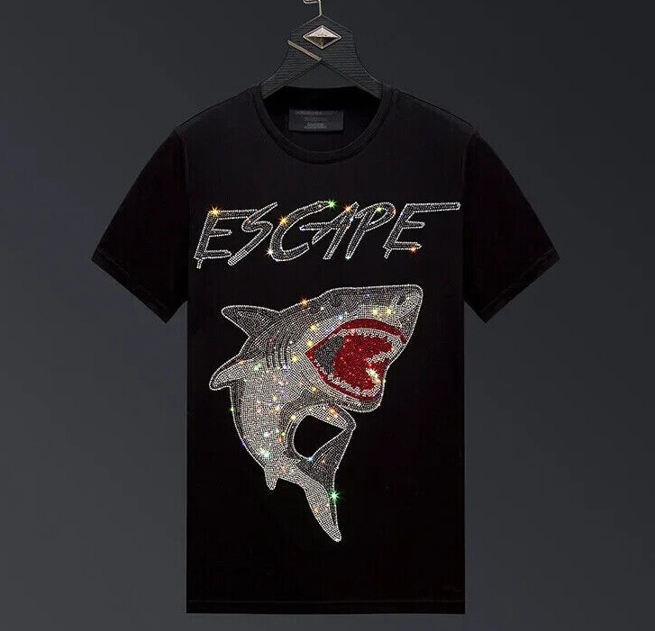 New Men Fashion Diamond Shark Rhinestones Luxury Black White T-Shirt gallery