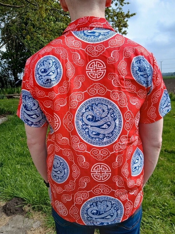 Mens Red Blue Chinese Dragon Hawaiian Summer Travel T Shirt Short Sleeve Size XL gallery