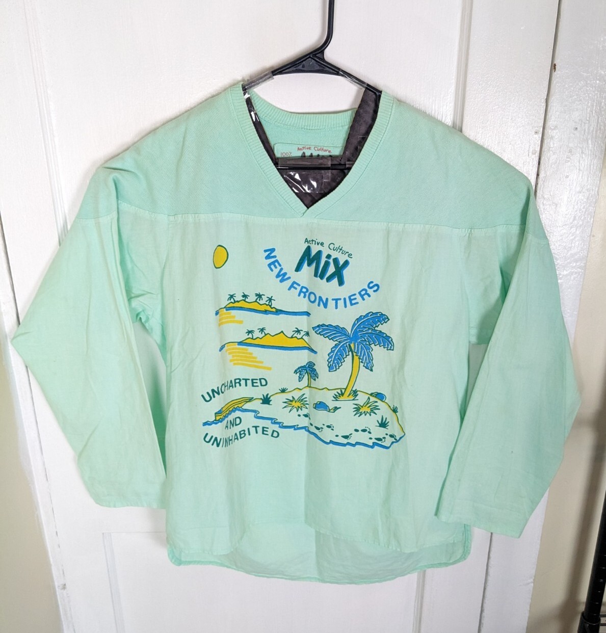 Vintage 90s Active Culture Mix Hip-Hop L/S Sm. (Fits Large) USA V-Neck Mint Grn gallery