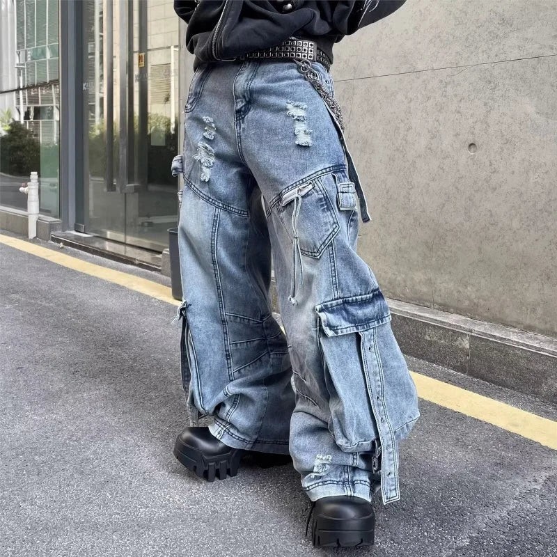 new 2025 Cyber Y2K Streetwear Washed Blue Baggy Ripped Cargo Jeans Pants For gallery