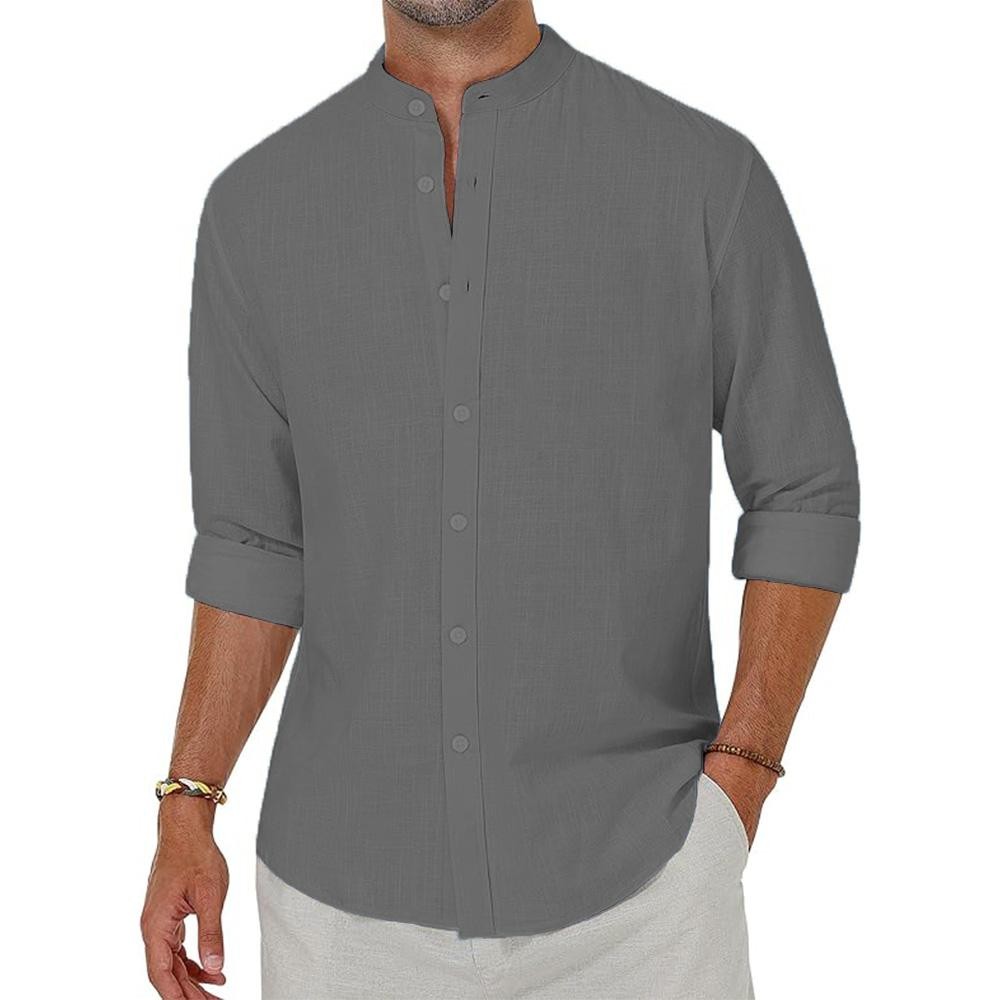 Linen Shirt Men's Stand Collar Long Sleeve Chinese-style Cotton Loose Casual Top gallery