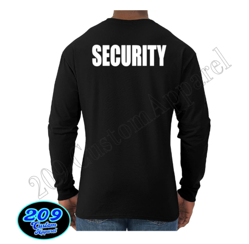 Long Sleeve Security T-Shirt Black Tee Staff Club Event Uniform White/Yell Print gallery