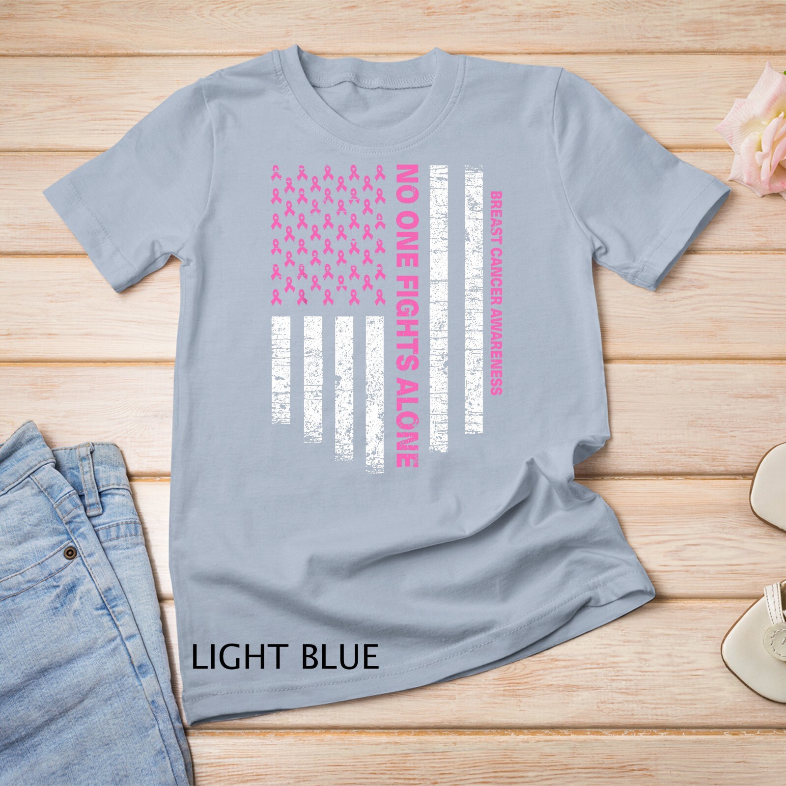 No One Fights Alone USA Flag Breast Cancer Awareness Unisex T-shirt gallery