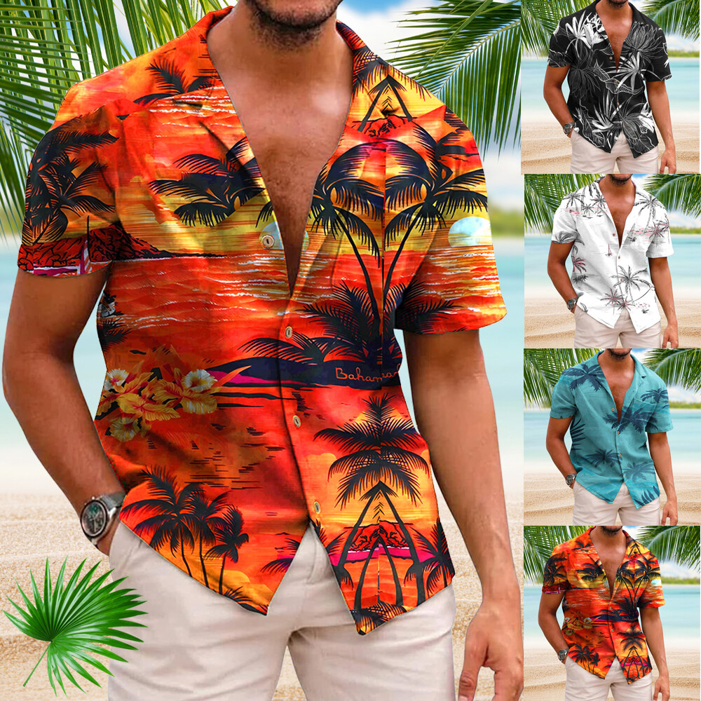 Hawaiian Shirt Mens Button Down Coconut Tree Print Beach Vacation Aloha Party gallery