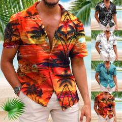 Hawaiian Shirt Mens Button Down Coconut Tree Print Beach Vacation Aloha Party