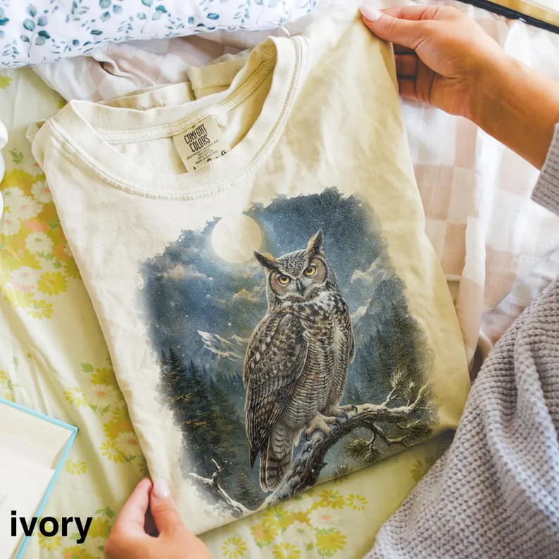 Great Horned Owl Moon Mountain Wildlife Nature Bird Comfort Tee gallery