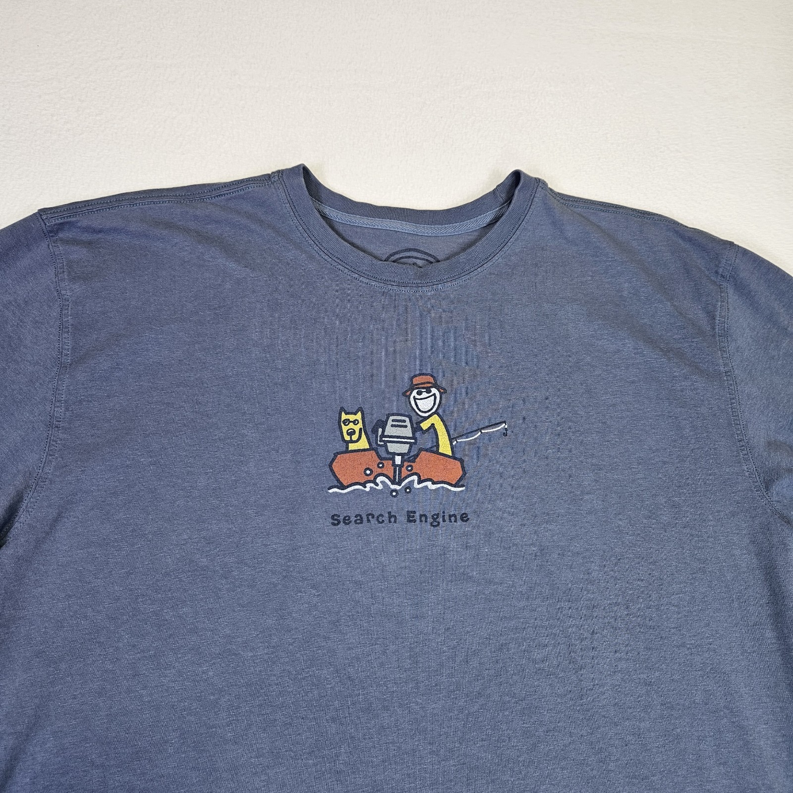 Life is Good T-Shirt Mens L Fishing Search Engine Jake Rocket Boat 100% Cotton