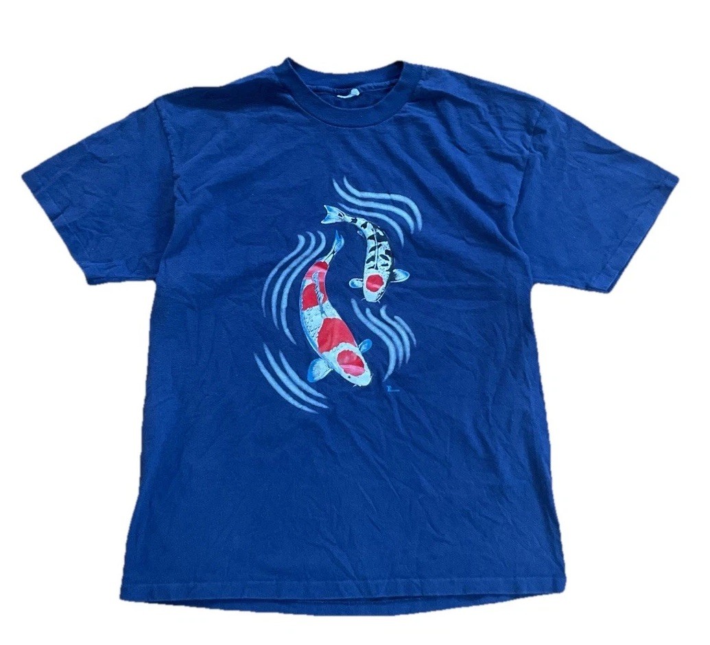 Vintage KOI Fish Blue Single Stitch Tshirt Water Rare See Measurements ** gallery
