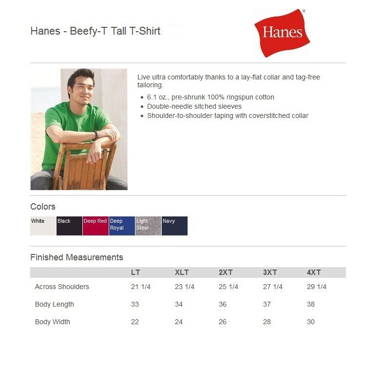Hanes Beefy-T TALL T-Shirt 100% Cotton 518T Mens LT XLT 2XLT 3XLT 4XLT 5180 gallery