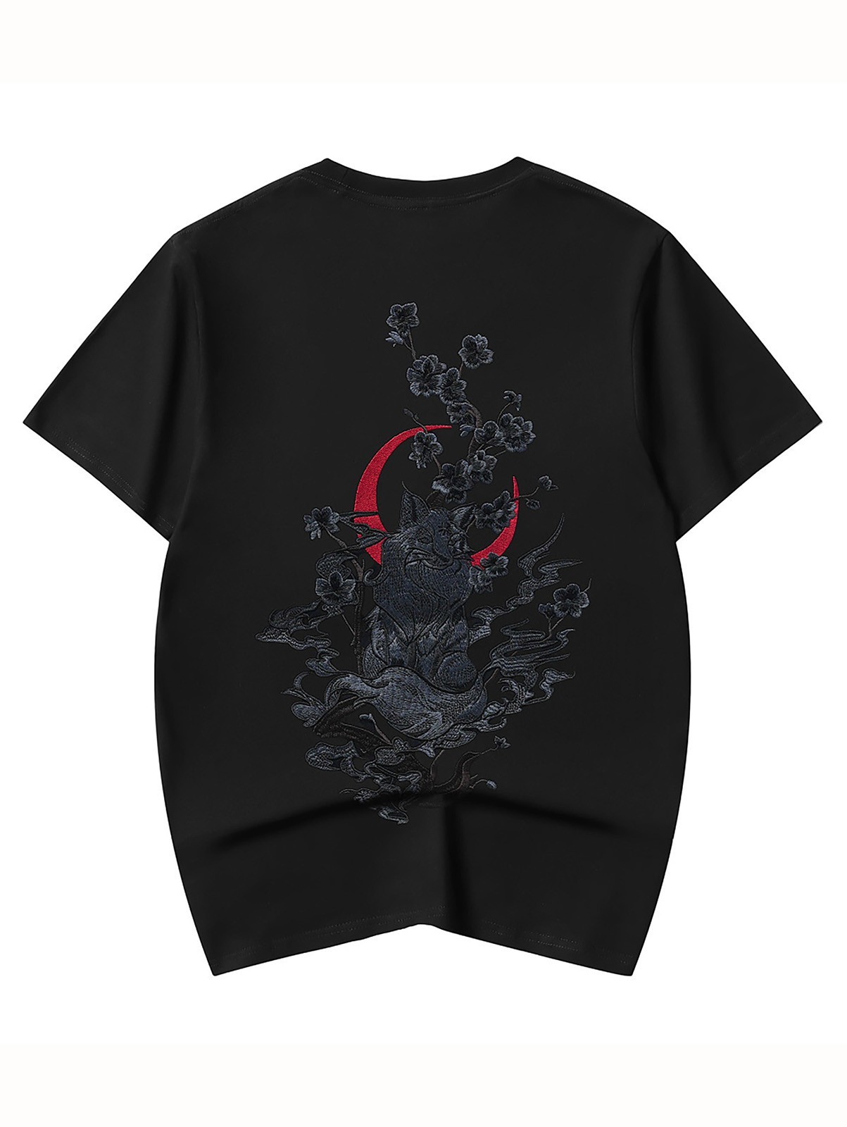 Niepce Dark Kitsune with Cherry Blossoms Embroidery Japanese Streetwear Tee gallery