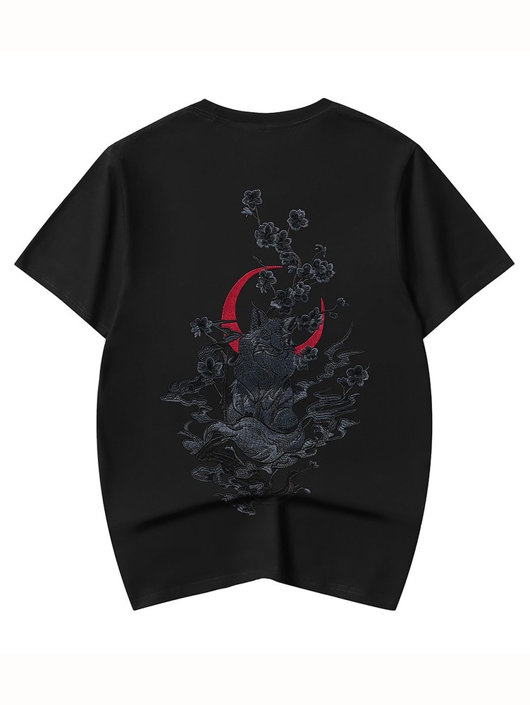 Niepce Dark Kitsune with Cherry Blossoms Embroidery Japanese Streetwear Tee