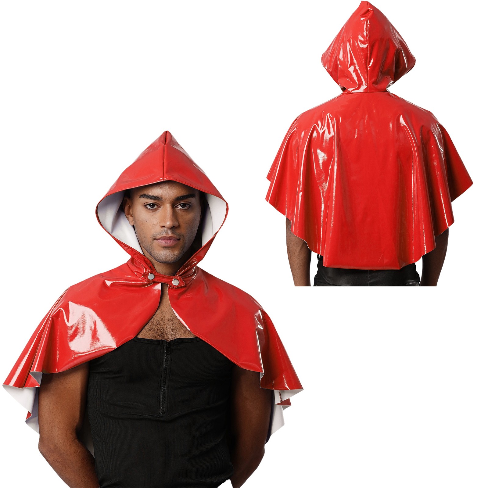 Men Wet Look Hooded Cloak Cape Bolero Steampunk Gothic Cosplay Party Disco Club