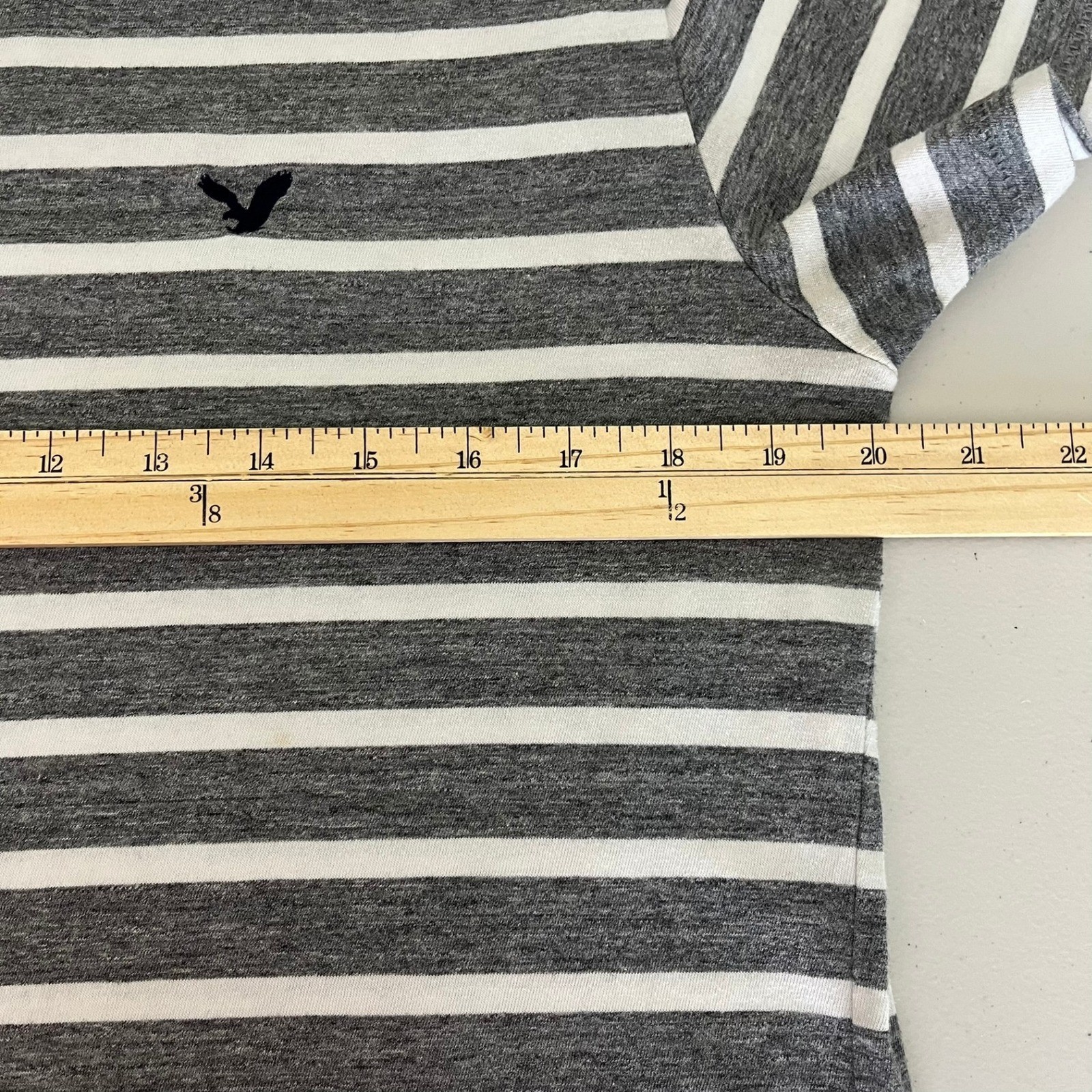 American Eagle Mens Striped T-Shirt Grey White Eagle Logo Short Sleeve Size M gallery