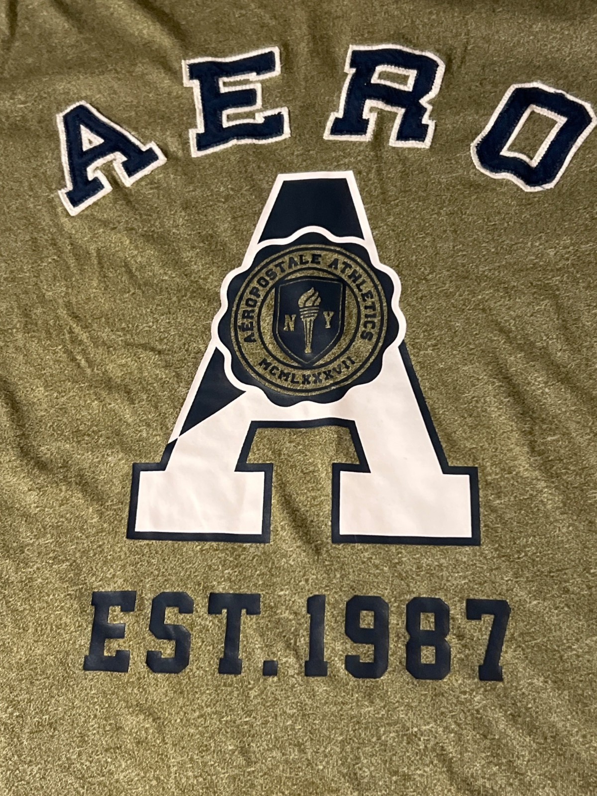 Aeropostale A Front Graphic T Shirt Heather Olive Green Blue Sewn Letters Sz XL gallery