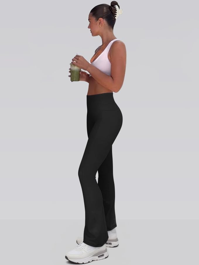 Women Pants Soft Active High Waist Crossover Flared Trousers with Pockets Black gallery