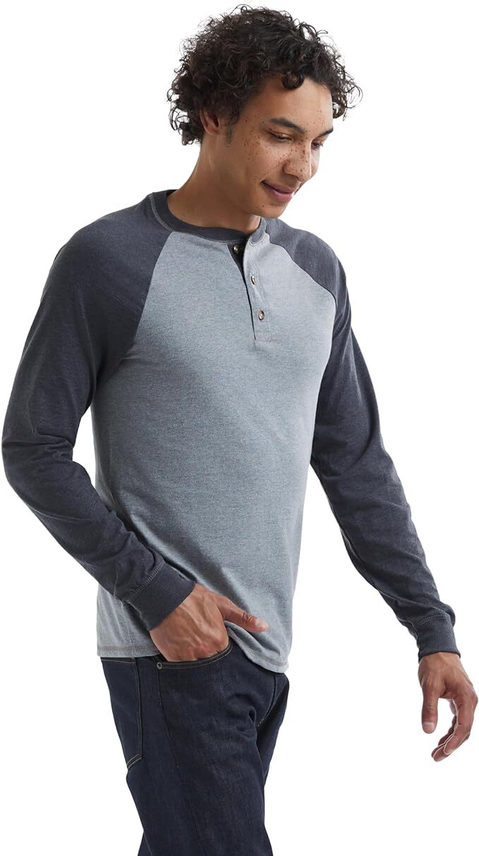 Hanes Mens Beefy Long-Sleeve Shirt Colorblock Henley threebutton Tag Free raglan gallery