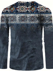 Ethnic Gradient Pattern Stylish Long Sleeve Henley Tee String Clothing Blue New