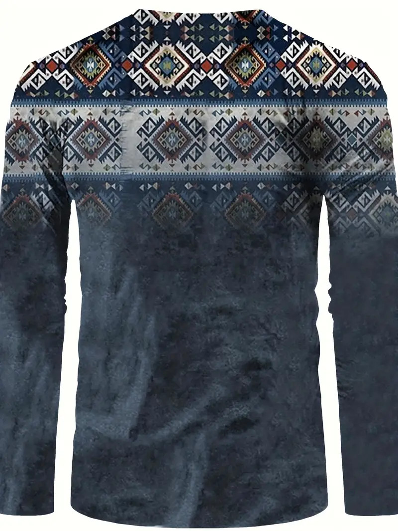 Ethnic Gradient Pattern Stylish Long Sleeve Henley Tee String Clothing Blue New gallery