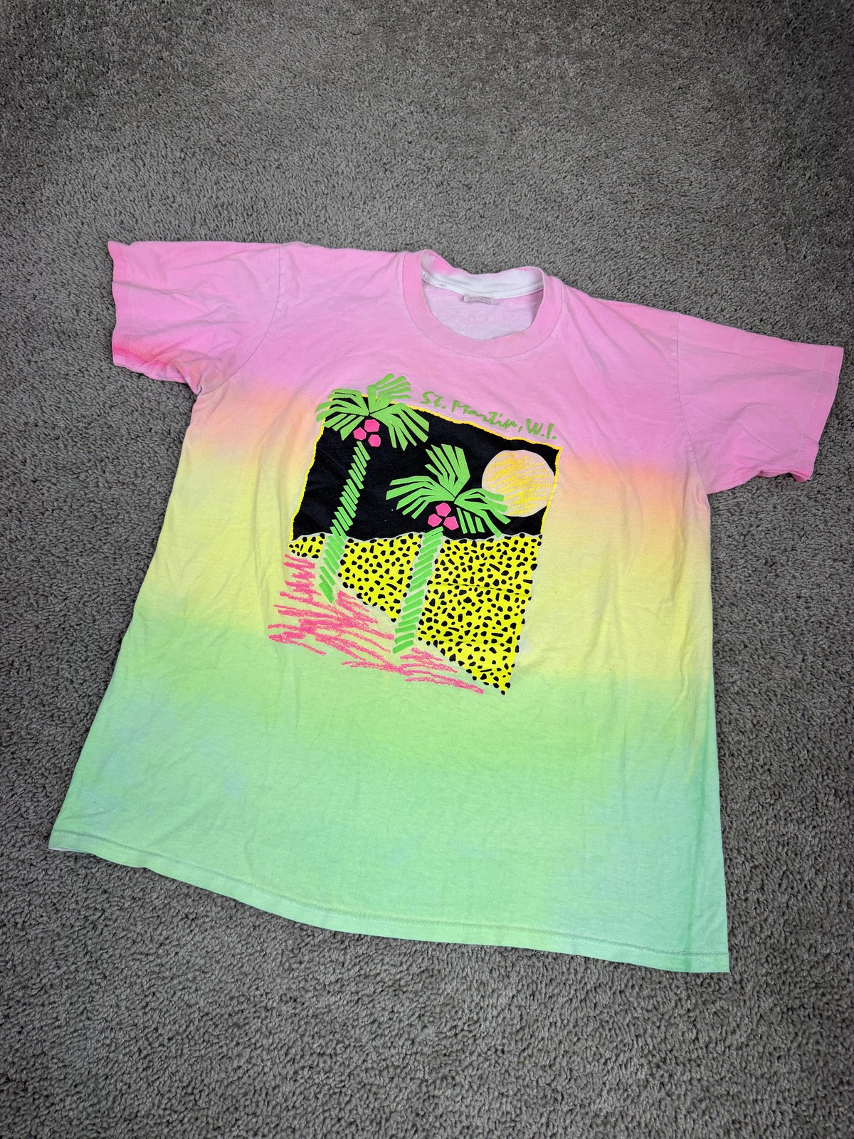 Vintage St Martin WI Shirt Mens Large Multicolor Neon Palm Trees Gradient 80s gallery