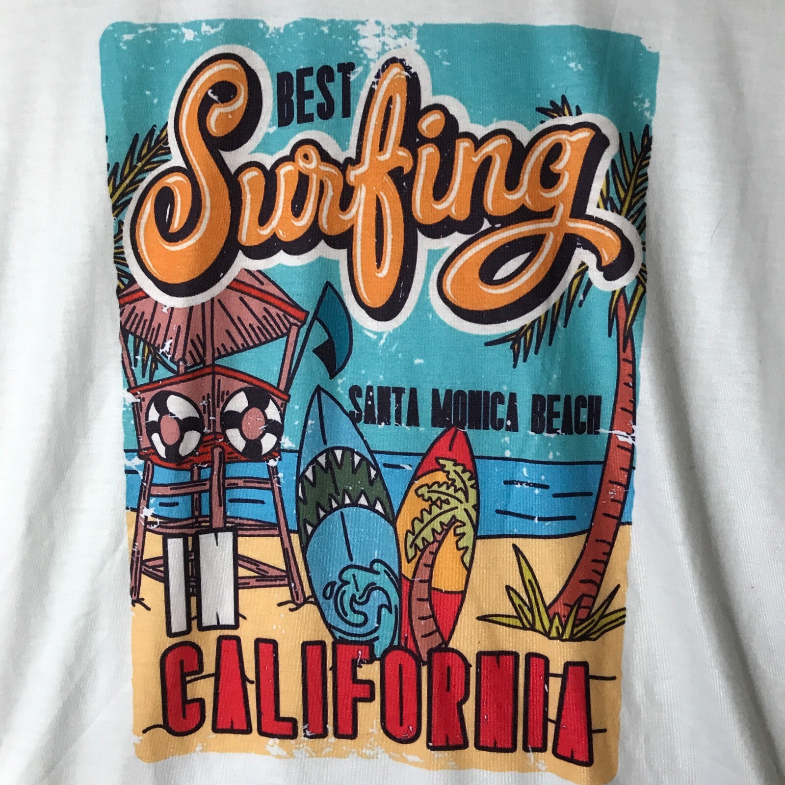 SURFING Santa Monica Beach California SHIRT Sz L White Polyester Spandex Blend gallery