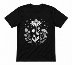 Wildflower Ladybug Daisy Dandelion Botanical Boho Nature Lover Black T-shirt