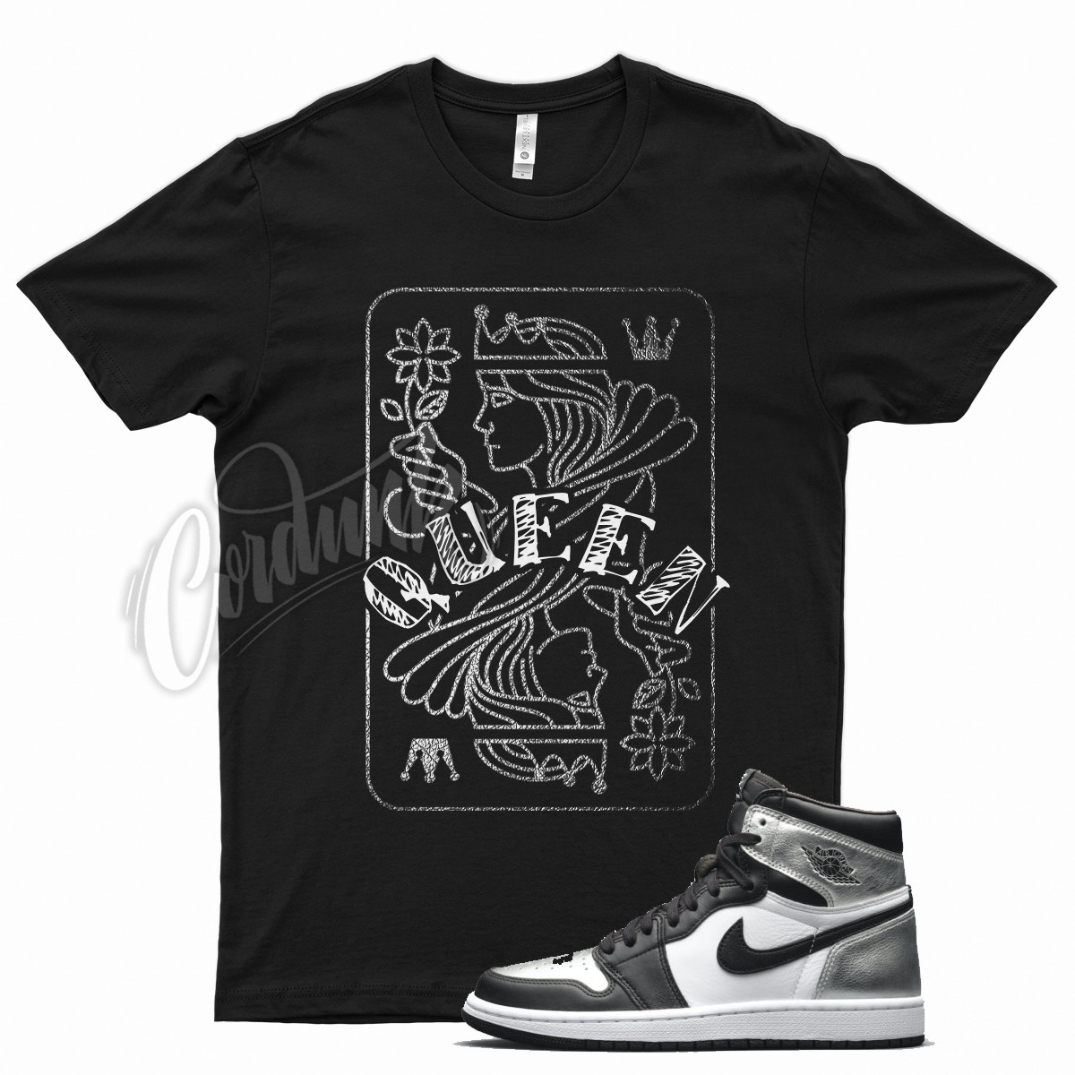 Black QUEEN T Shirt to match J1 1 Metallic Silver Toe Air Force Max 90