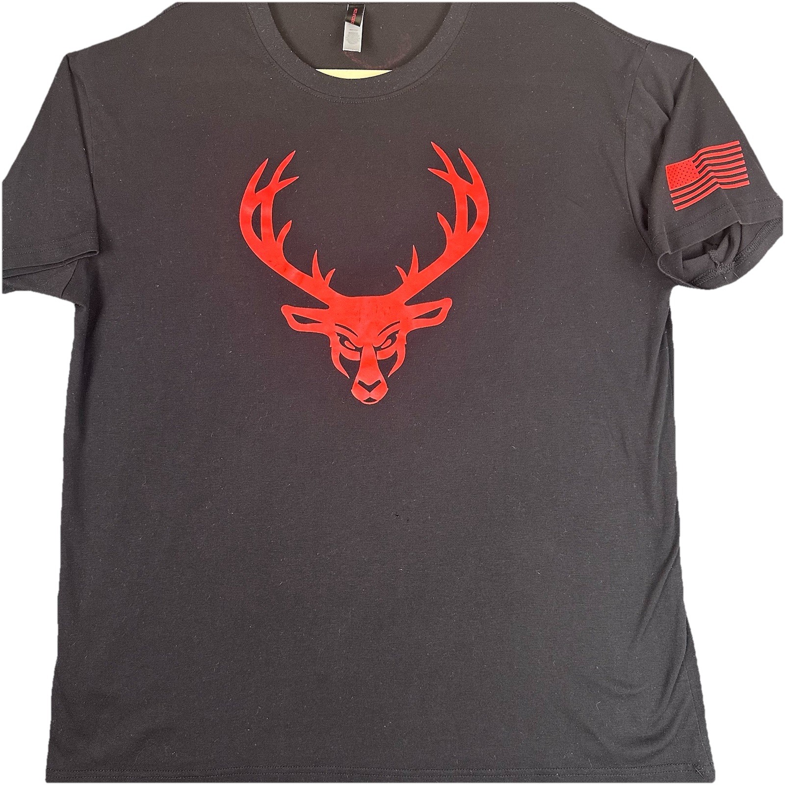 Bucked Up Deer Head Graphic T Shirt Black Red Logo Flag Sleeve Men’s XL gallery