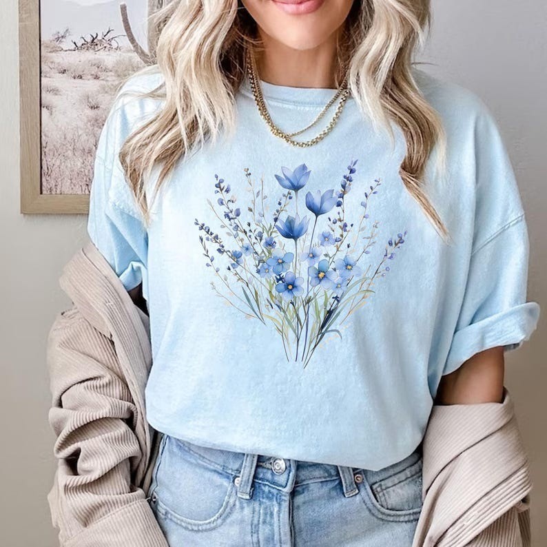 Blue Flower Bouquet Shirt, Flower Lover Shirt, Retro Floral Shirt, Flower Shirt gallery