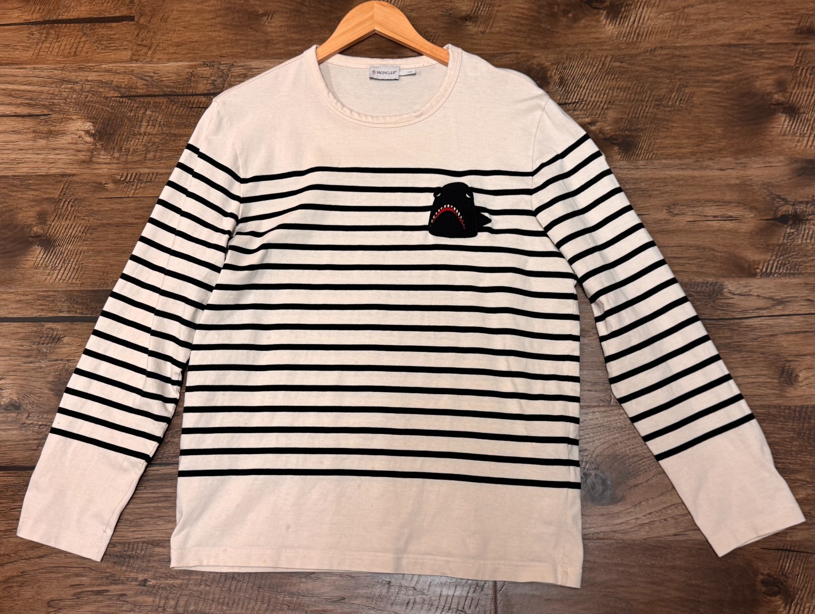 Moncler Top Long Sleeve Cotton T-shirt Mens Off-White with Black Stripe Size XL gallery