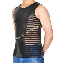 Men Sleeveless Tee Shirt Hunter Style See-through Mesh & Leater Tank Top Vest