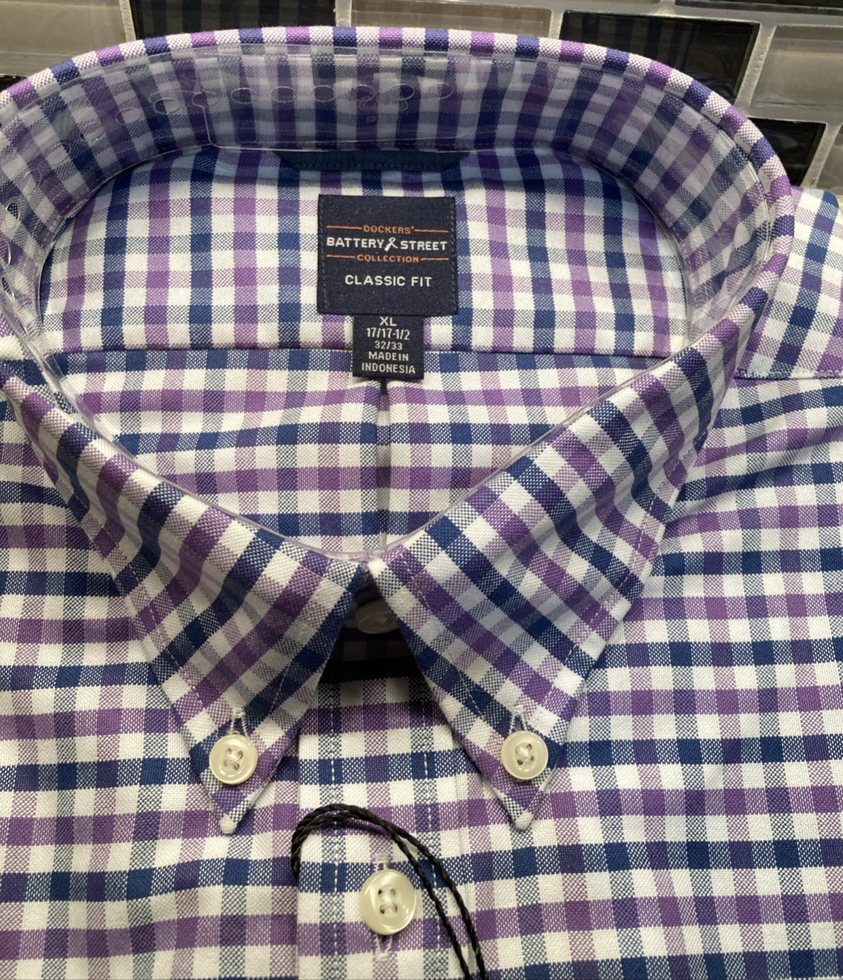 Dockers Battery Street Men’s 17-17.5 32/33 Blue Purple Check NWT gallery