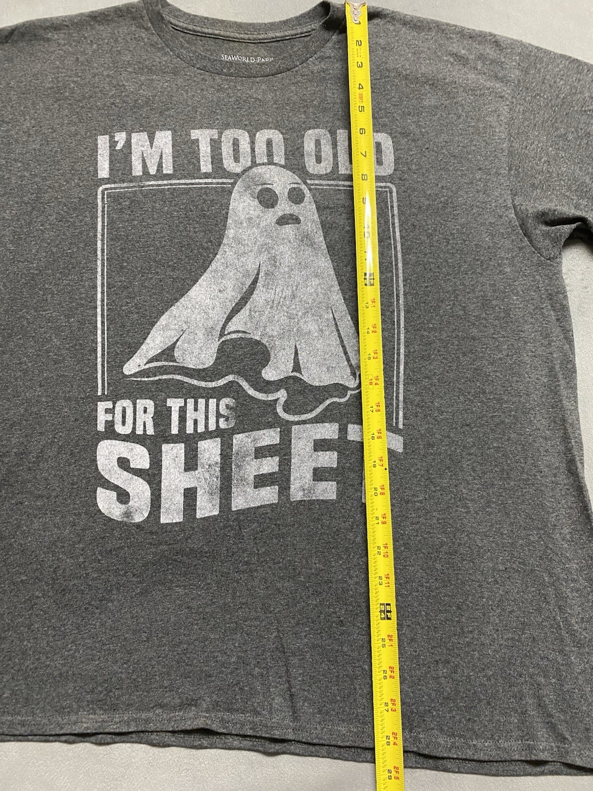 SeaWorld Halloween T Shirt XL Gray Ghost Funny Graphic Too Old For This Sheet gallery