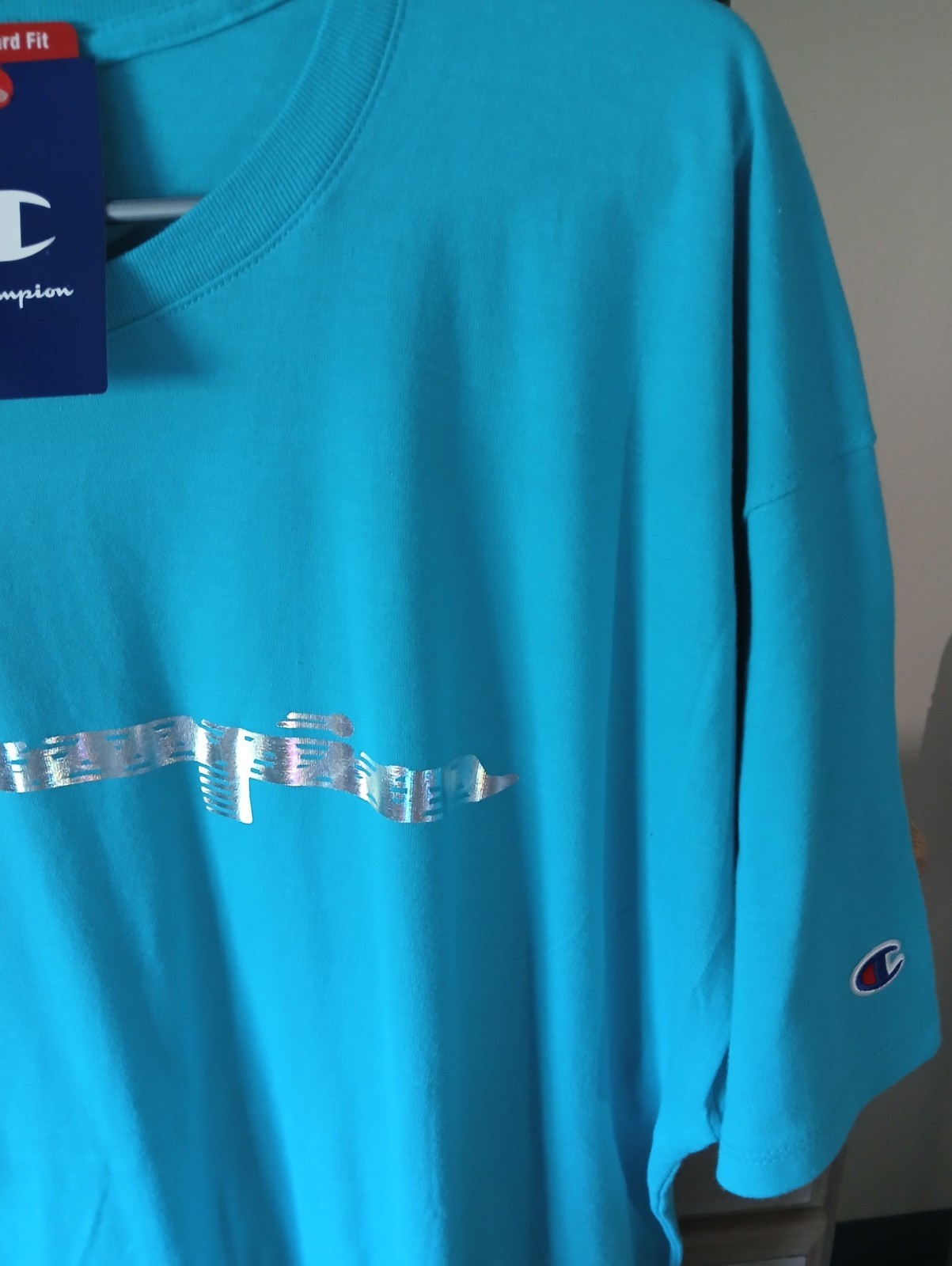 Brand New with Tags (NWT), Champion script tee, holographic, metallic, turquoise gallery