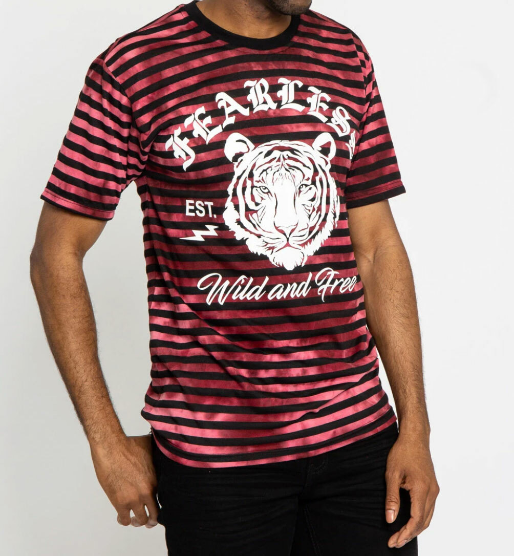 VICTORIOUS BRAND STRIPED T-SHIRT FEARLESS TIGER BURGUNDY/BLACK SIZES MED TO 2XL gallery