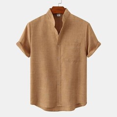 Mens Stand Collar Solid Color Shirt Casual Loose Button Short Sleeve Blouse Top