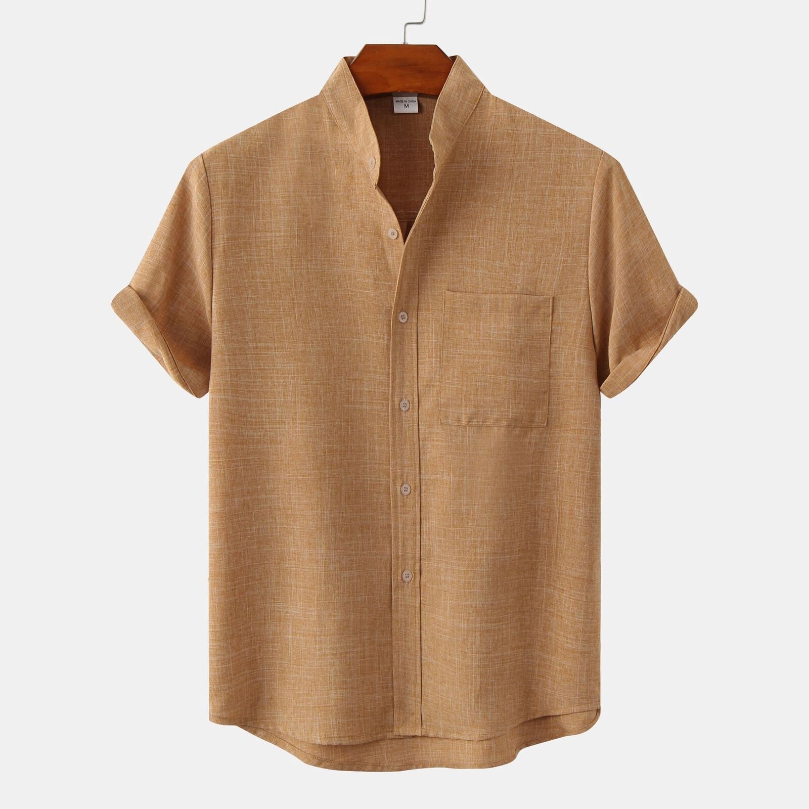 Mens Stand Collar Solid Color Shirt Casual Loose Button Short Sleeve Blouse Top gallery
