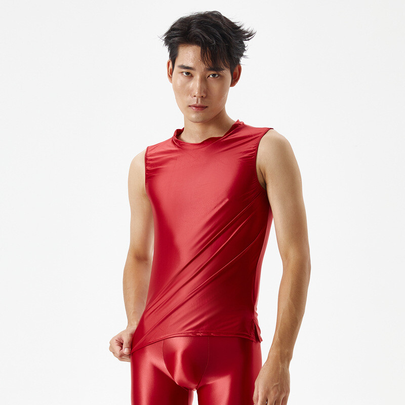 Men's Sexy Oil Shiny Glossy Sports Muscle T-shirt Slim Elastic Tank Tops Vest gallery
